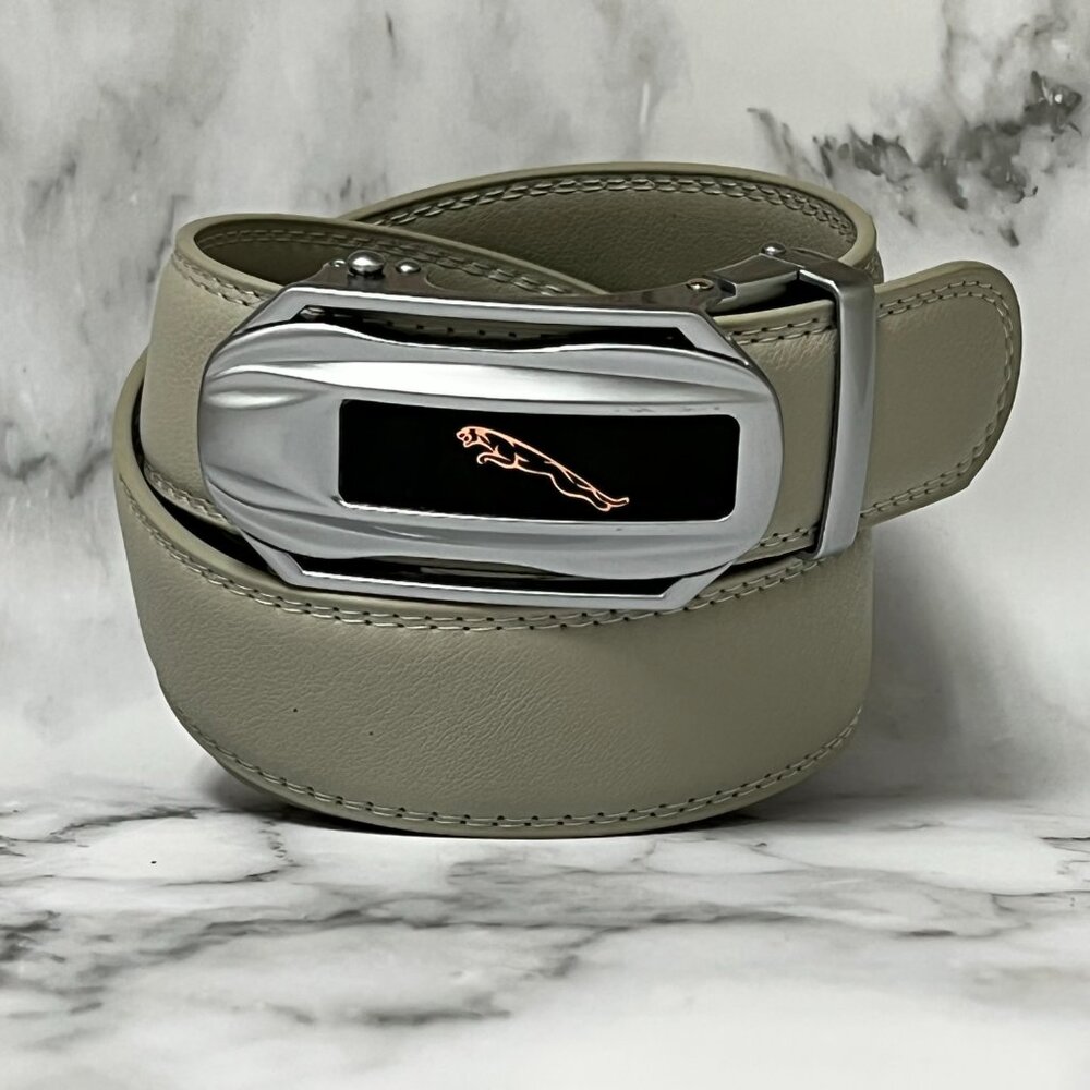 Gray Leather Belt Automatic Puma Buckle Slide Belt NoHole Strep Ratchet Square